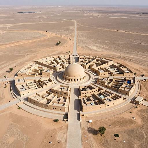 Aerial photograph of a circular, beige desert town centered around a domed mosque with a tall minaret, surrounded by narrow streets and low, ad