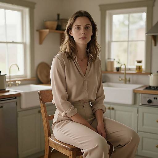 Realistic Woman in Cozy Farmhouse Kitchen