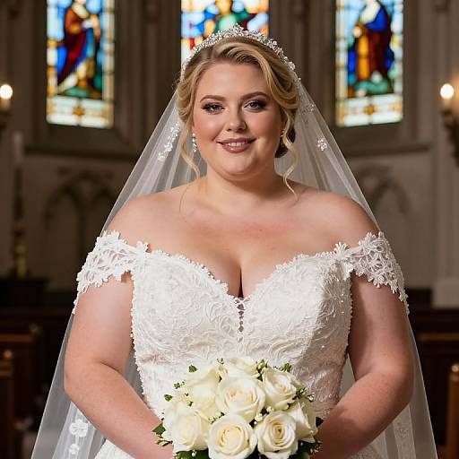 Photograph of a smiling, plus-size, blonde bride in a white lace wedding dress with off-the-shoulder sleeves, holding a bouquet of white