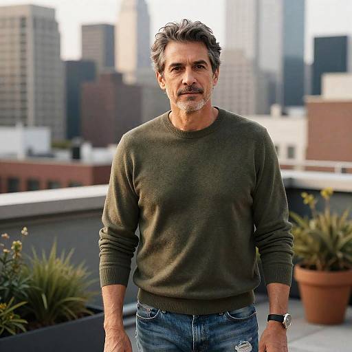 Middle-aged man on urban rooftop