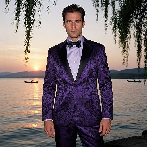 Photograph of a handsome man in a purple, floral-patterned tuxedo with black bow tie, standing by a sunset-lit lake.