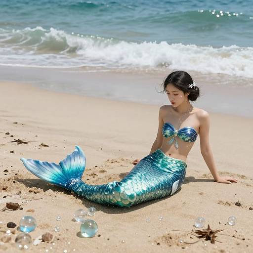 Photograph of an Asian mermaid with a blue, shiny fish-scale tail, sitting on a sandy beach with gentle waves. She wears a matching blue