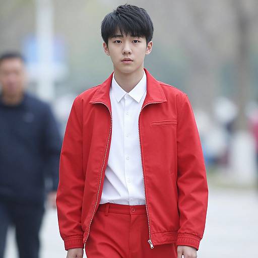 Photograph of a young Asian man with straight black hair, wearing a bright red jacket and pants, white shirt, standing outdoors with a blurred background and