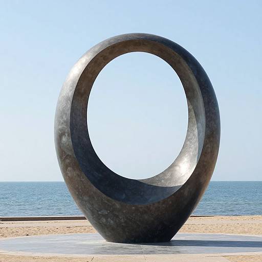 Photograph of a large, dark, circular metal sculpture with a hollow center, standing on a sandy beach with a clear blue sea and sky in the