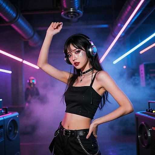 Digital photograph of an Asian woman with black hair, wearing headphones, a black crop top, and black pants, posing confidently in a neon-lit,