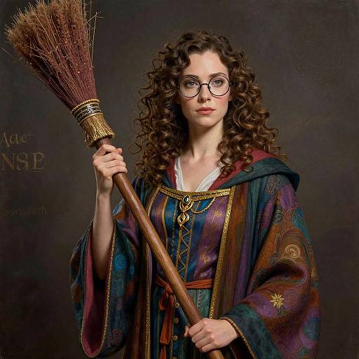 Photograph of a young woman with curly brown hair, glasses, and a wizard robe holding a broomstick against a dark background.