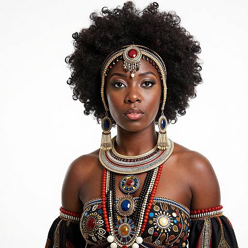 Photograph of a beautiful dark-skinned African woman with a large afro, adorned in elaborate, colorful traditional jewelry and off-shoulder garment,