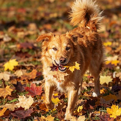 Redhead Dog Playing in Autumn Leaves