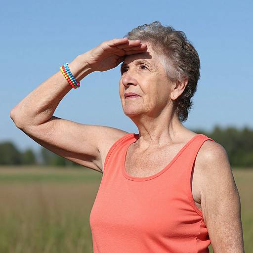 Photograph of an elderly woman with short gray hair, wearing a red tank top and colorful beaded bracelet, shading her eyes outdoors against a clear blue