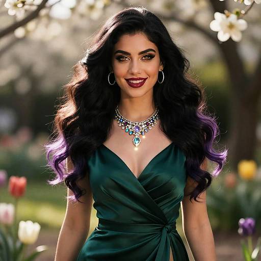 Elegant Woman in Emerald Dress with Violet Ombre Hair