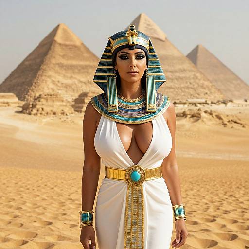 Photograph of a curvy, dark-skinned woman in ancient Egyptian attire with deep cleavage, blue and gold headdress, standing in front of