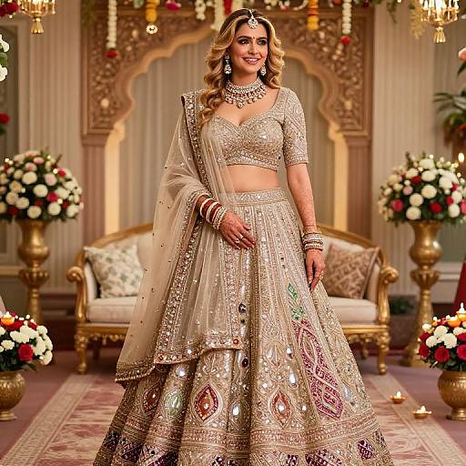 Photograph of a smiling Indian woman in an ornate, gold-embellished lehenga and dupatta, standing in a luxurious, candlelit