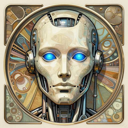 Digital art of a futuristic, silver robotic face with glowing blue eyes, surrounded by intricate, steampunk-inspired gears and patterns.