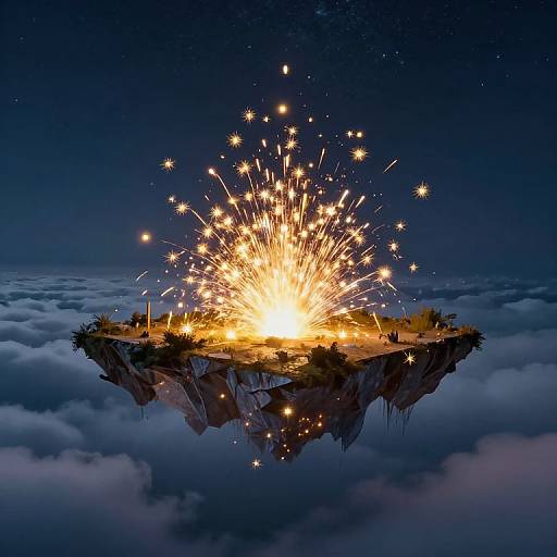 Photograph of a floating island at night, illuminated by a bright, sparkling firework explosion, surrounded by clouds in a starry sky.