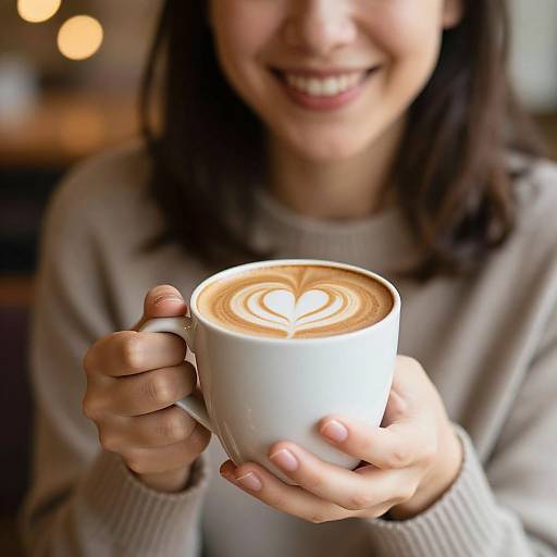 Photograph of a smiling woman with shoulder-length brown hair, wearing a beige sweater, holding a white cup with heart-shaped latte art. Blurred