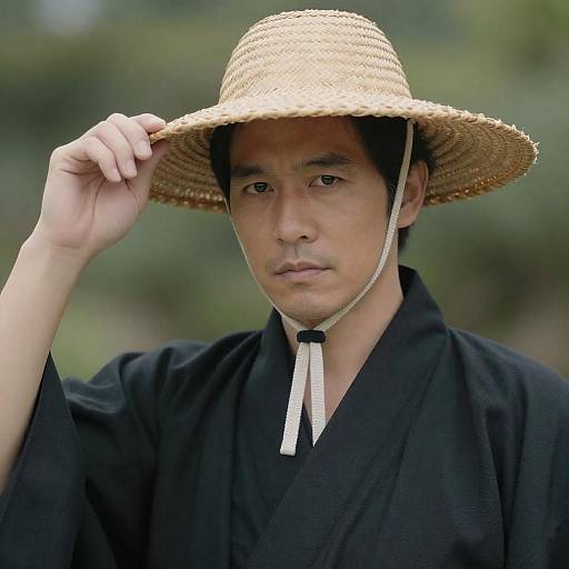 Asian Man in Straw Hat and Black Kimono