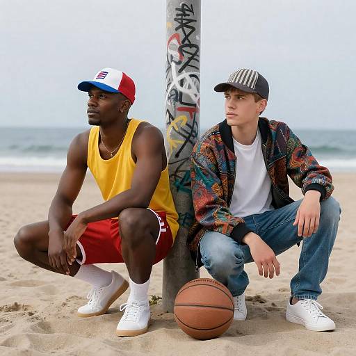 Beachside Crouch with Colorful Characters