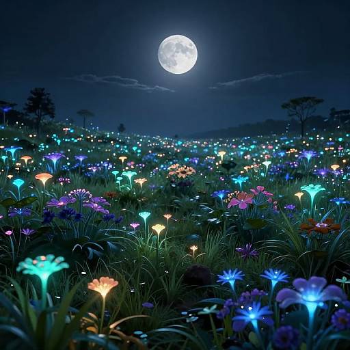 Photograph of a magical, glowing flower field under a full moon, with vibrant blue, purple, orange, and green flowers illuminating the dark night