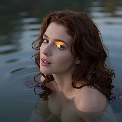 Photograph of a topless, fair-skinned woman with wavy, dark red hair, partially submerged in water, with a glowing orange reflection in