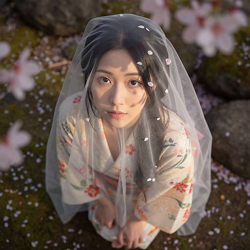 Photograph of an Asian woman with fair skin, black hair, and floral kimono, wearing a translucent veil, kneeling outdoors among cherry blossoms.