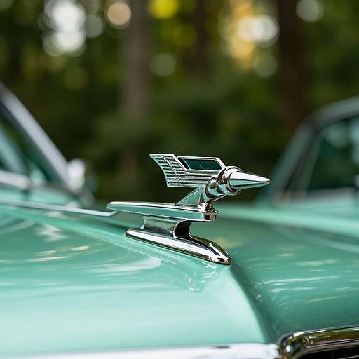 Photograph of a vintage, mint-green car hood with a shiny, chrome Studebaker winged emblem, blurred green forest background, and two