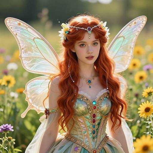 Fairytale fairy with red hair, translucent wings, floral headpiece, and detailed green gown adorned with jewels, standing in a sunflower field.