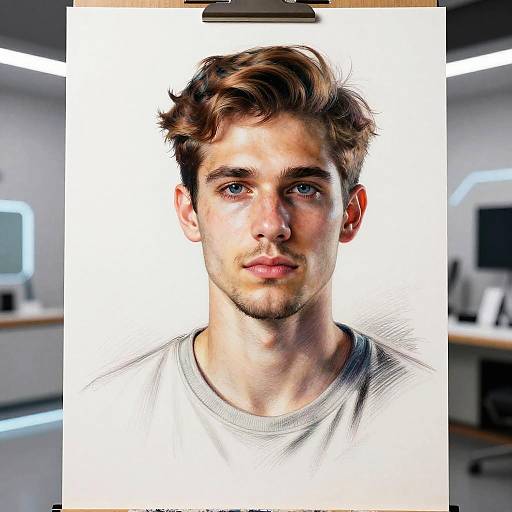 Photograph of a young, attractive man with light brown, wavy hair, blue eyes, and stubble, wearing a white shirt, centered against