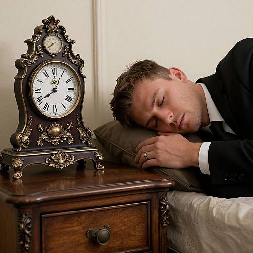 Man Sleeping Next to Ornate Clock