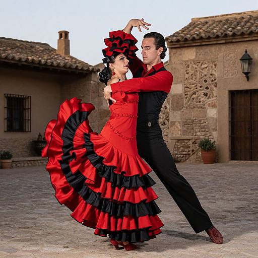 Photograph of a passionate flamenco dance couple: woman in a vibrant red and black ruffled dress, black hat, man in black suit, red