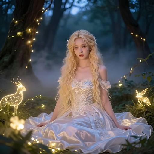 Photograph of a blonde, ethereal woman in a white, off-shoulder, lace dress, surrounded by glowing fairy lights and butterflies in a