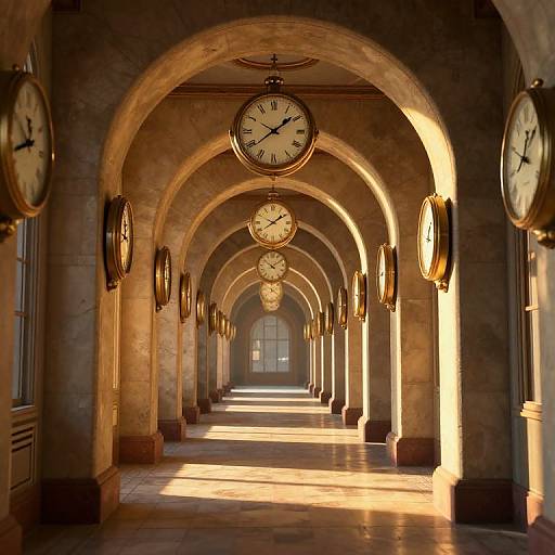 Photograph of a sunlit, arched hallway with multiple round clocks hanging from the beige stone arches, casting warm shadows on the tiled floor.