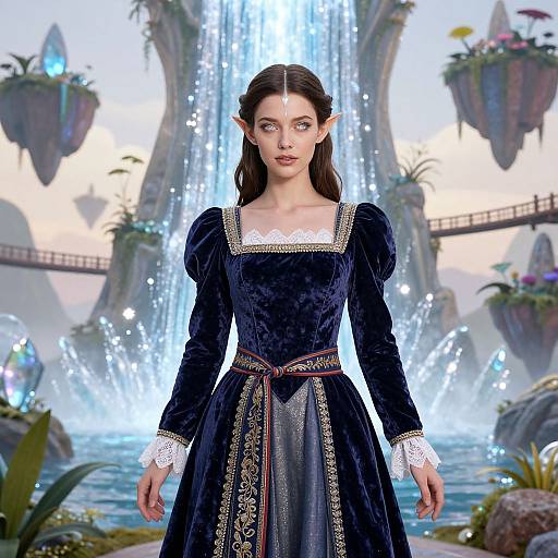 Digital artwork of an elf woman with pale skin, pointed ears, blue eyes, and long brown hair. She wears a dark blue velvet dress with white