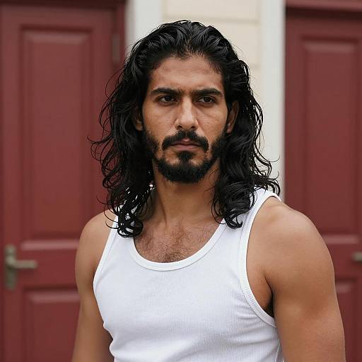 Serious Man with Long Hair in White Tank Top