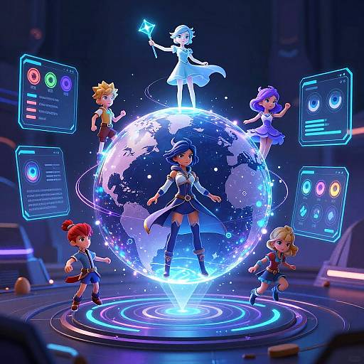 Digital anime-style artwork of six chibi characters with colorful hair around a glowing, Earth-centered hologram, surrounded by floating interface panels.