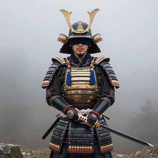 Samurai Warrior in Black and Gold Armor with Sword
