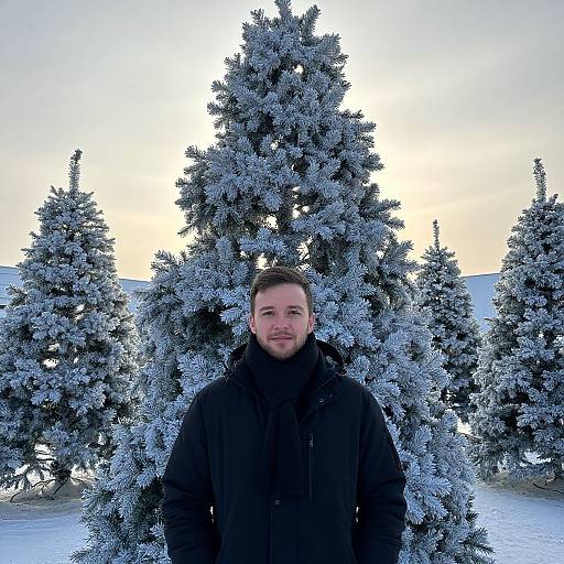 Man by Snowy Christmas Tree