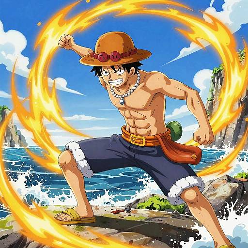 Anime-style drawing of a muscular, shirtless man with a brown hat, blue shorts, and sandals, creating a fiery circular blast near a rocky ocean