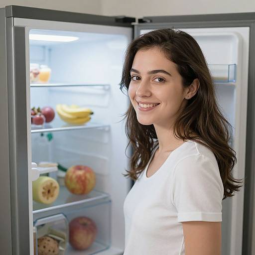 Woman Smiling by Open Fridge