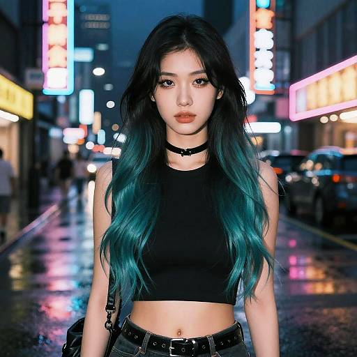 Photograph of an Asian woman with long teal-dyed hair, wearing a black crop top and choker, standing in a neon-lit,