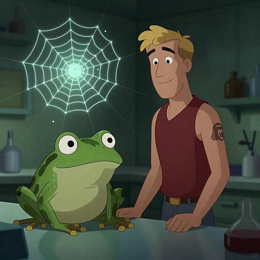 Blonde Man and Frog in Glowing Lab