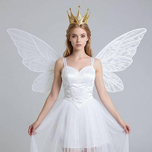 Photograph of a fair-skinned, blonde woman in a white, strapless, lace-embellished dress with translucent wings and a golden crown