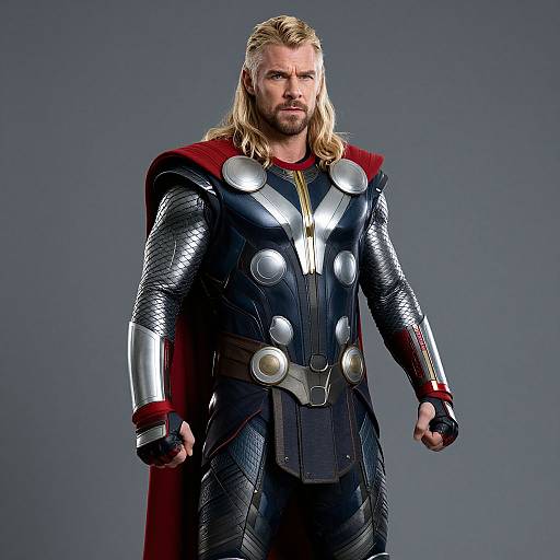 Photograph of a blonde, bearded man with a serious expression, wearing a shiny black and silver superhero suit with red cape and silver armor, against