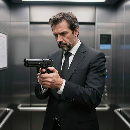 Man in Suit Holding Handgun in Elevator