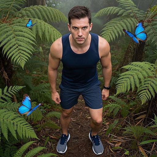 Photograph of a muscular man in black tank top and shorts, standing in a dense fern forest with three blue butterflies.