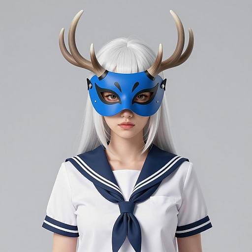 Woman in Blue Antler Mask and Sailor Outfit