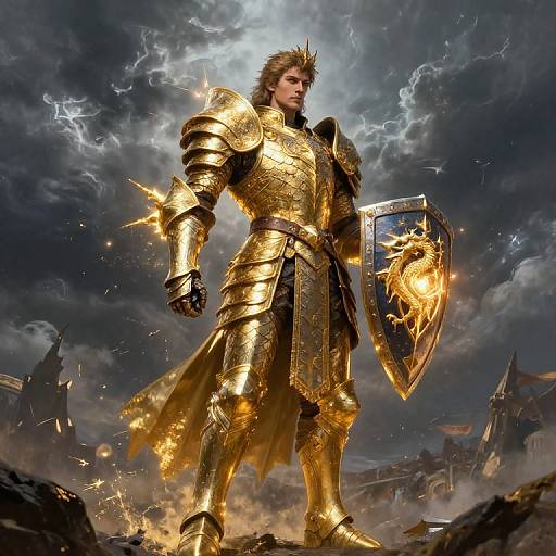 Digital artwork of a muscular, golden-armored warrior with spiky hair, holding a glowing shield, standing on rocky ground amid a stormy, lightning