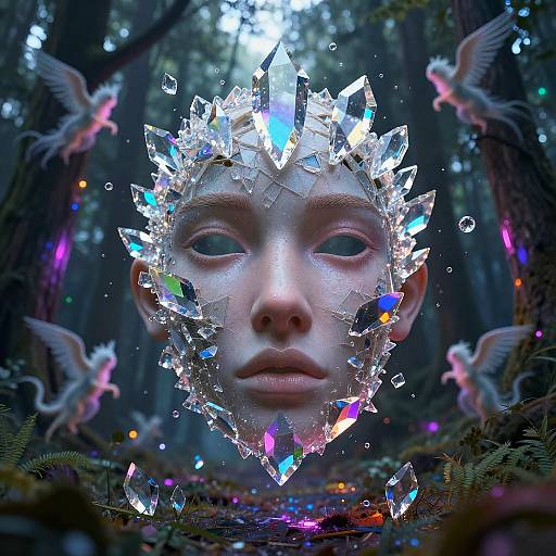 Surreal Crystal Face in Neon Forest