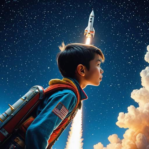 Young Boy with Rocket Backpack Launching into Space