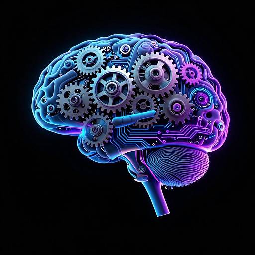 Digital artwork of a neon blue and purple human brain composed of interlocking gears and circuitry, set against a black background.