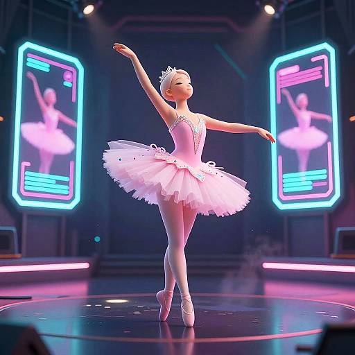 Digital CGI of a ballet dancer in a white tutu and tiara, en pointe, under neon blue and pink lights on a dark stage.